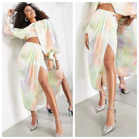 ASOS Edition Satin Watercolor Tie Dye Print Drape Wrap Slit High Rise Midi Skirt - Picture 1 of 6